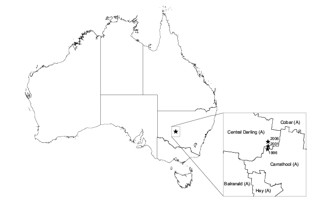 Diagram: Centre of population, Australia—June 1996, 2001 and 2006