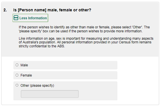 Image showing the Sex question on the special online form.