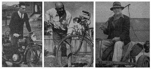 Photographs of three census collectors from 1947, on motorbike, bicycle and sulky.