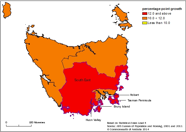 Map: TASMANIA, Higher level qualifications, 20-64 yr olds (percentage point growth), By SA4, 2001 to 2011