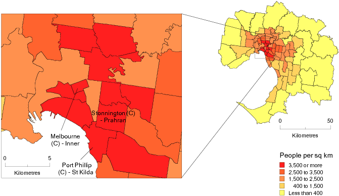 Diagram: POPULATION DENSITY BY SLA, Melbourne SD—June 2011