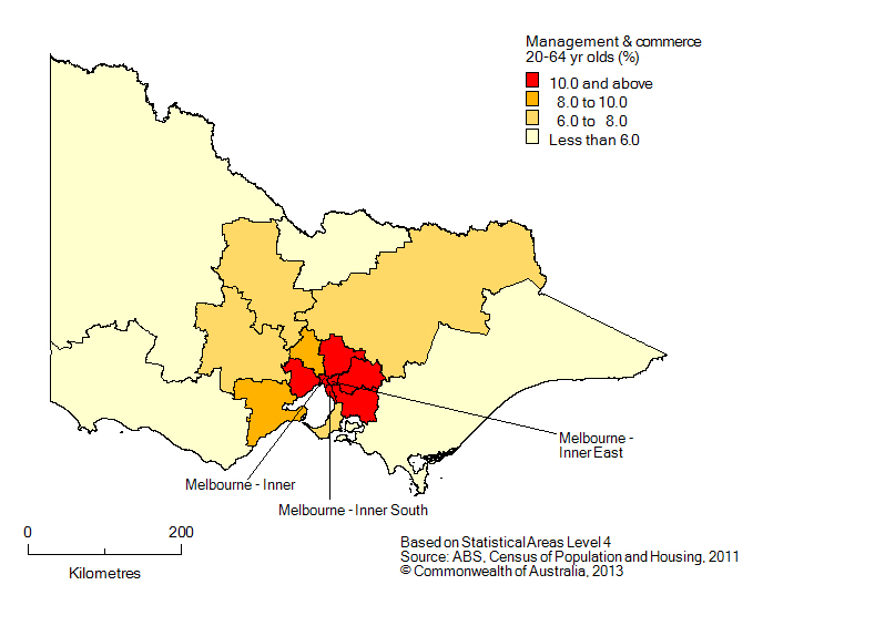 Map: Non-school qualifications in management and commerce, 20-64 year olds, Victoria, 2011
