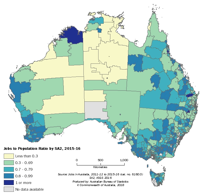 Map 1 shows the ratio of jobs to population by SA2 regions across Australia in 2015-16