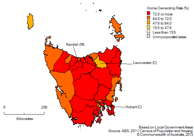 Map:Home ownership rates by LGA, Tasmania, 2011
