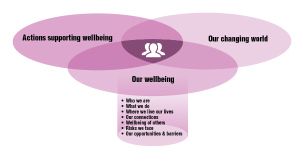 This is a diagram showing the three dimensions of the framework and the elements for 'Our wellbeing'