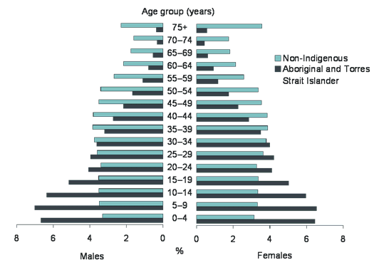 Pyramid graph displaying differences in age distribution of non-Indigenous and Aboriginal and Torres Strait Islander populations.
