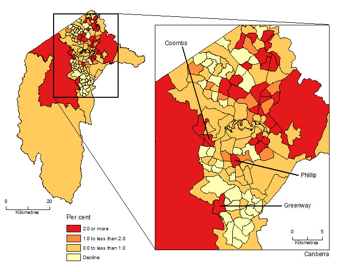 Image: Map showing Population Change by SA2, Australian Capital Territory, 2017-18