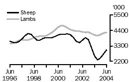 Graph: Number of sheep and lambs slaughtered, June 1996 to June 2004 