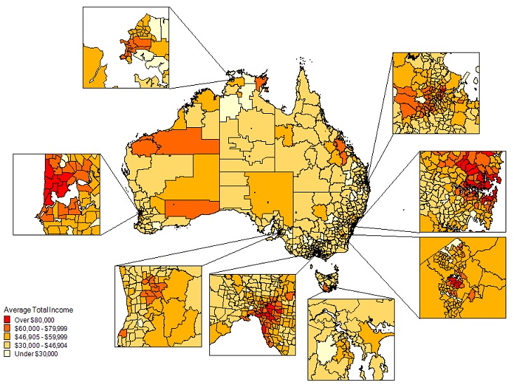 Map 1. AVERAGE TOTAL INCOME, Statistical Area Level 2 - Australia, 2009-10