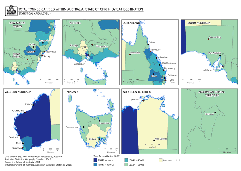 Image: Thematic map, Total Tonnes Carried within Australia, State of Origin by SA4 Destination, Statistical Area Level 4