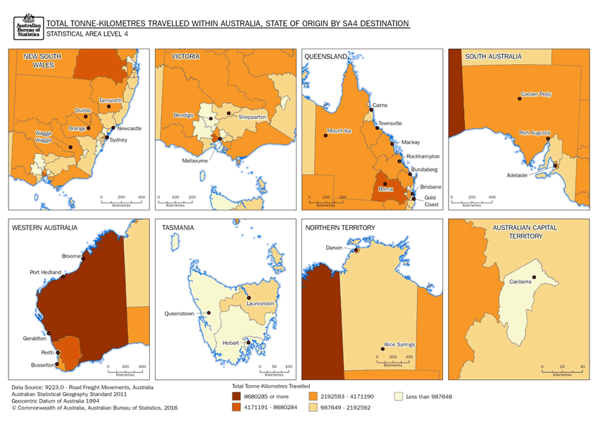 Image: Thematic map, Total Tonne-kilometres Travelled within Australia, State of Origin by SA4 Destination, Statistical Area Level 4