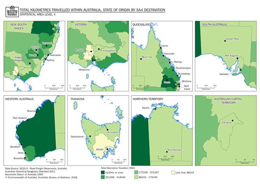 Image: Thematic map, Total Kilometres Travelled within Australia, State of Origin by SA4 Destination, Statistical Area Level 4