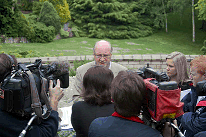 Photo: Chair of the Tasmania Together Progress Board, Mr Bob Campbell, speaks to members of the press