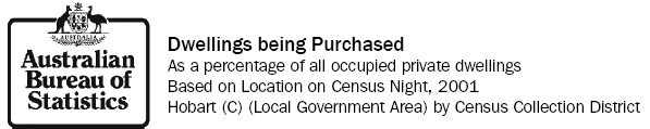 Image: ABS logo and map title: Dwellings being purchased, as a percentage of all occupied private dwellings, based on location on Census night, 2001, Hobart (C) (Local Government Area) by Census Collection District