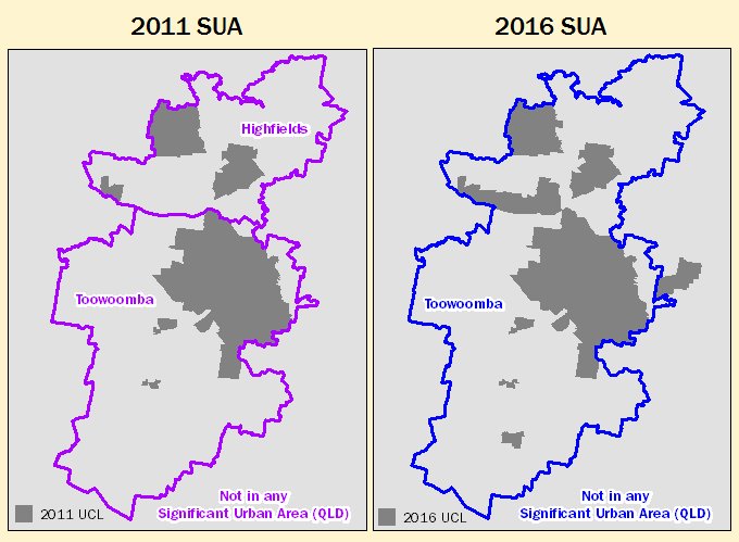 On left: 2011 SUAs of Toowoomba and Highfields with 2011 UCLs. On right: 2016 SUA of Toowoomba with 2016 UCLs, showing urban growth that has resulted in the two 2011 SUAs being joined together to form the one 2016 SUA of Toowoomba.