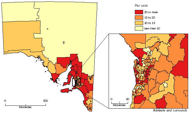 Diagram: POPULATION AGED 65 YEARS AND OVER, Statistical Areas Level 2, South Australia - 30 June 2014