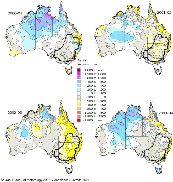 Diagram: 2.14 RAINFALL ANOMALIES, Murray–Darling Basin–2000–01 to 2003–04