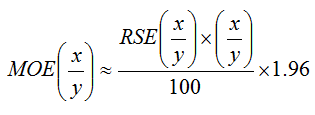 Equation: MOE (x divided by y) is approximately equal to ((RSE(x divided by y) multiplied by (x divided by y)/100) multiplied by 1.96
