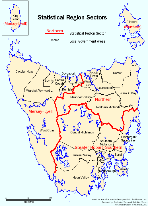 Map: Statistical Region Sectors in Tasmania.