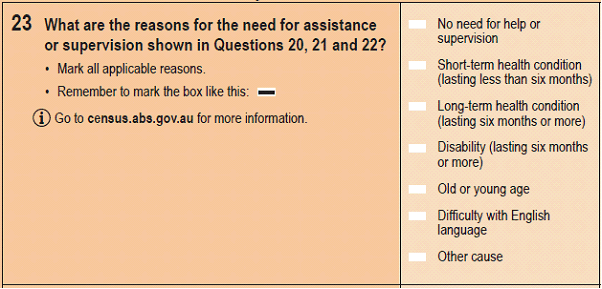 An example of the Needs Assistance question 23 as seen on the 2016 Census Household Form
