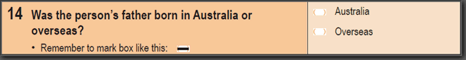 Image: 2011 Household Paper Form - Question 14. Was the person's father born in Australia or overseas?