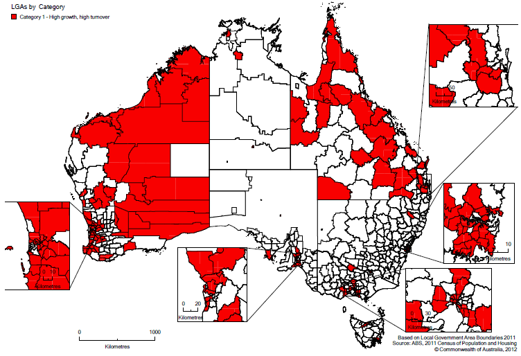 Map 4. CATEGORY 1 LGAs: HIGH POPULATION GROWTH AND HIGH POPULATION TURNOVER RATES, 2006 to 2011
