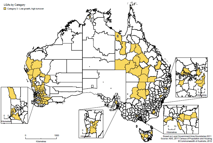 MAP 6. CATEGORY 3 LGAs: LOW POPULATION GROWTH AND HIGH POPULATION TURNOVER RATES, 2006 to 2011
