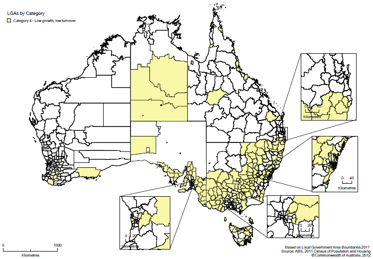 MAP 7. CATEGORY 4 LGAs: LOW POPULATION GROWTH AND LOW POPULATION TURNOVER RATES, 2006 to 2011