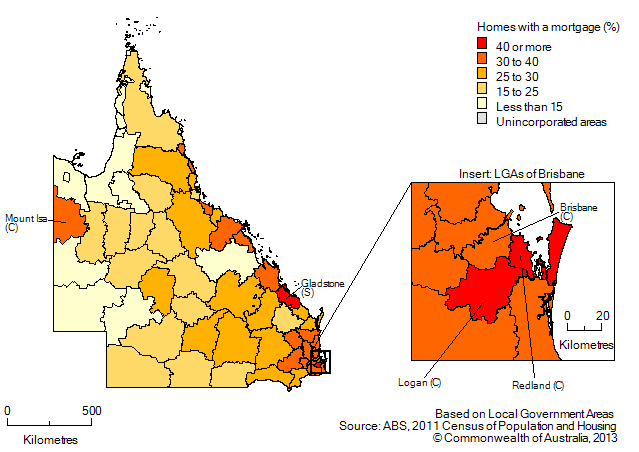 Map: Proportion of homes owned with a mortgage, by Local Government Area, Queensland, 2011. Includes insert for Local Government Areas in Brisbane.