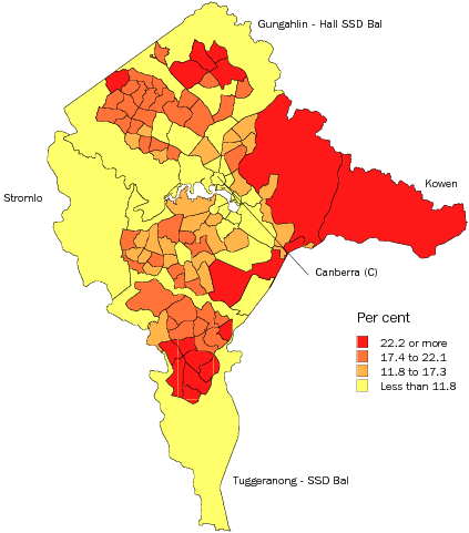 Diagram: Population aged less than 15 years, Statistical Local Areas, Canberra, 2007