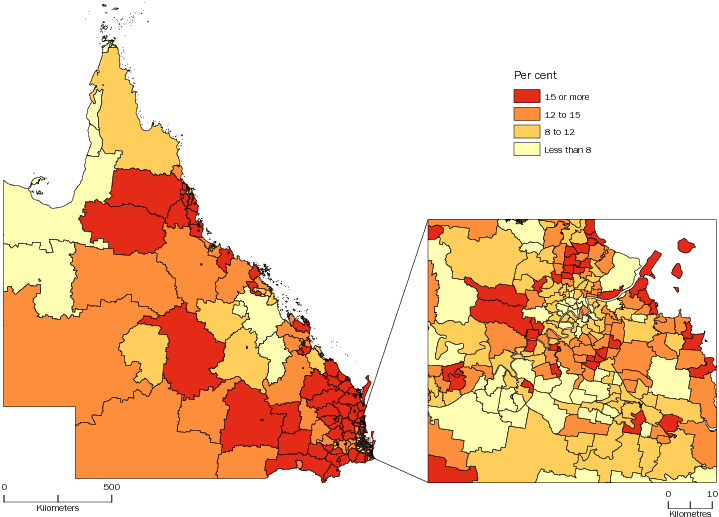 Diagram: POPULATION AGED 65 YEARS AND OVER, Statistical Areas Level 2, Queensland—30 June 2013