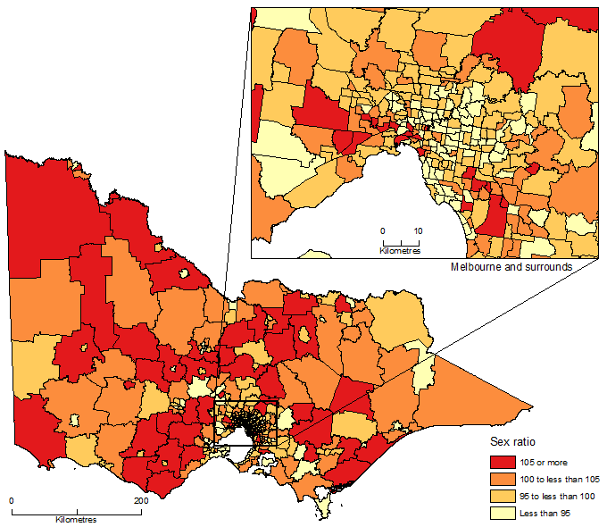 Image: Males per 100 Females, SA2, Victoria - 30 June 2015
