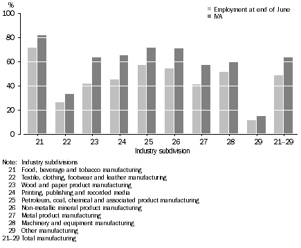 Graph: Contribution to manufacturing industries by businesses employing 100 or more persons, 2004–05