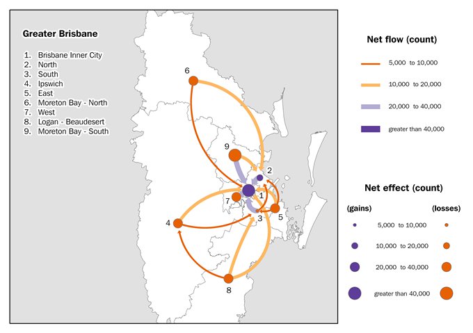 A map showing commuting flows between Greater Brisbane SA4s.