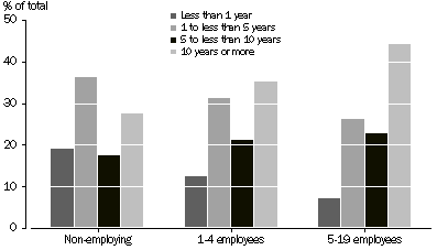 Graph: proportion of businesses, by employment size group and by length of operation - June 2004