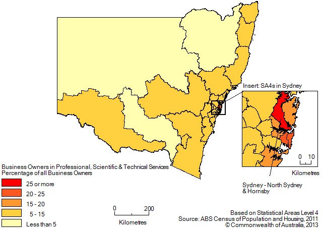 Map: PERCENTAGE OF BUSINESS OWNERS IN THE PROFESSIONAL, SCIENTIFIC AND TECHNICAL SERVICES INDUSTRY(a), New South Wales and the Australian Capital Territory - 2011