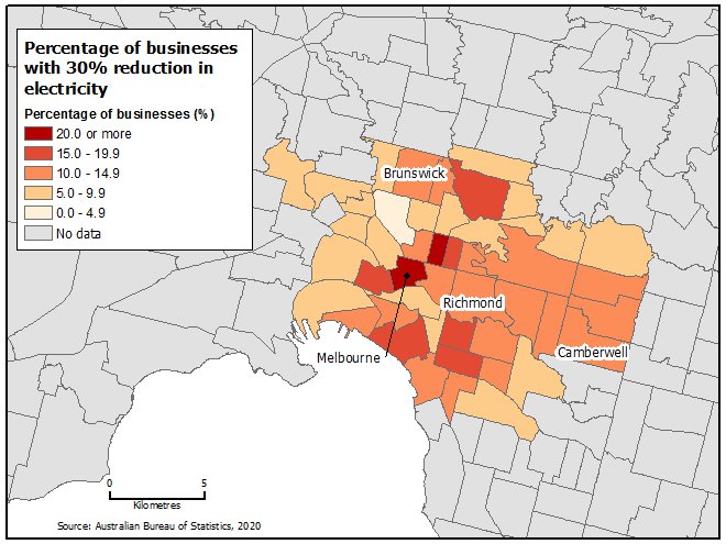 Map: For inner Melbourne, areas are coloured by what proportion of businesses have substantial reduction in electricity usage from the start to the end of March. The CBD is most affected, as are some inner South areas. Most areas show between 5 - 15 %.