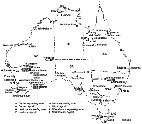 Map 16.25: SELECTED MINES AND DEPOSITS OF BASE METALS AND MINERAL SANDS - 2005