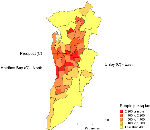 Diagram: POPULATION DENSITY BY SLA, Adelaide SD—June 2011