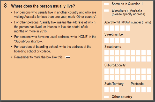 Image: 2016 Household Paper Form - Question 8. Where does the person usually live?