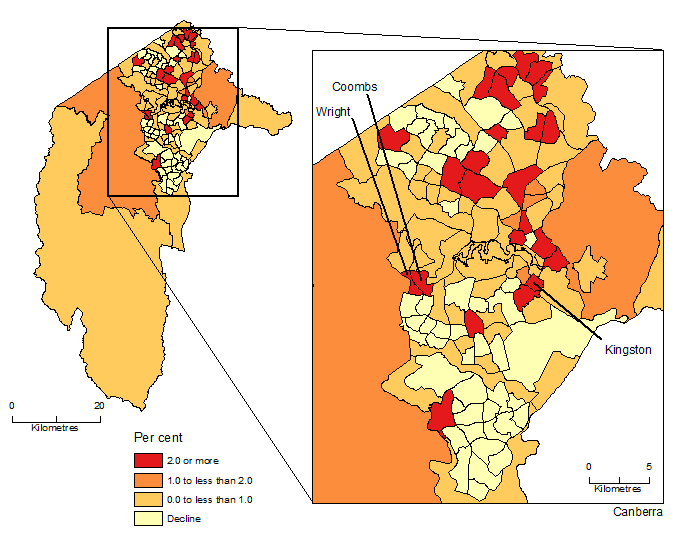 Image: Map showing Population Change by SA2, Australian Capital Territory, 2016-17