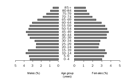 Graph: POPULATION BY AGE GROUP (%), Mersey-Lyell, 2007