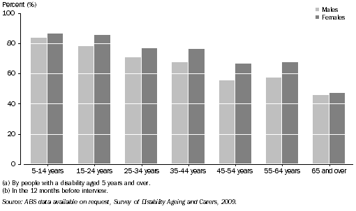 Graph: Attendance rates at selected cultural venues and events (a)(b), By age group and sex—2009