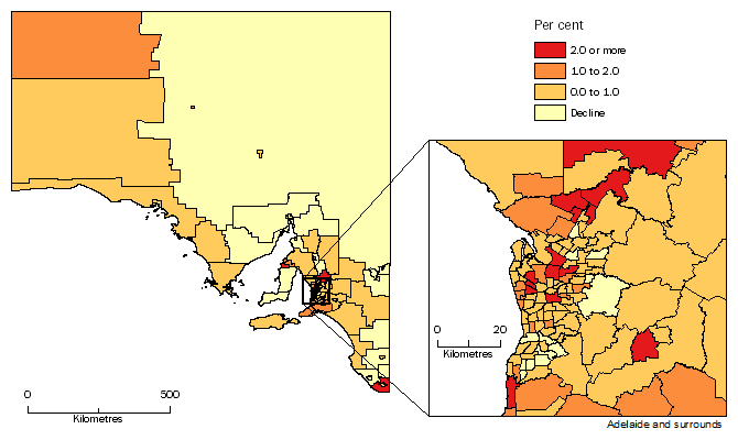 Diagram: POPULATION CHANGE BY SA2, South Australia - 2013-14