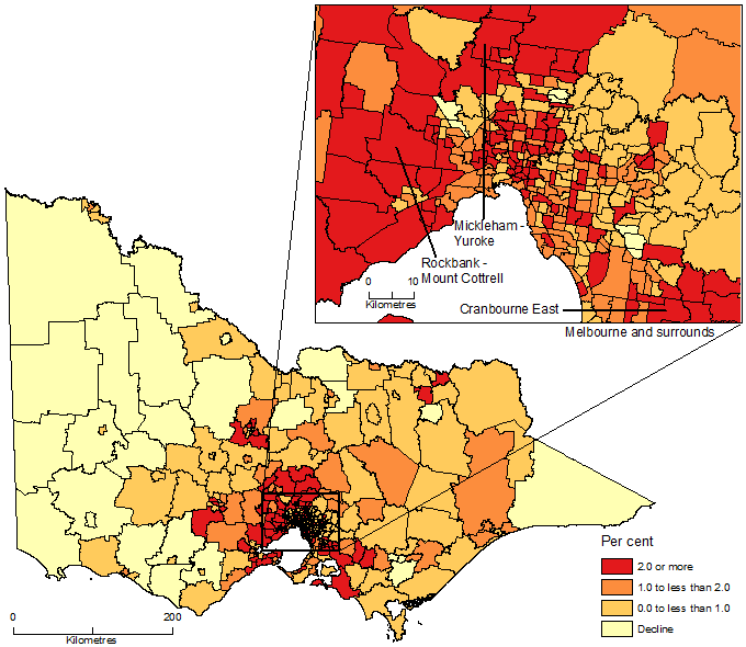 Image: Map showing Population Change by SA2, Victoria, 2016-17