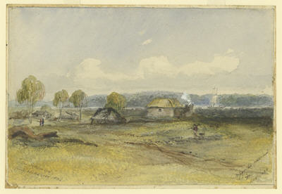 Painting of Port Phillip in 1836 showing a few wattle and daub huts and a ship in the distance