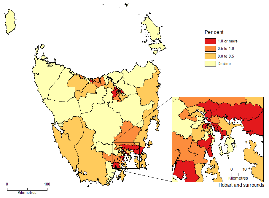 Diagram: POPULATION CHANGE BY SA2, Tasmania - 2014-15