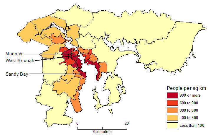 Diagram: POPULATION DENSITY BY SA2, Greater Hobart - June 2015