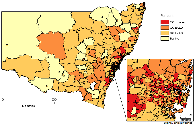 Diagram: POPULATION CHANGE BY SA2, New South Wales - 2013-14