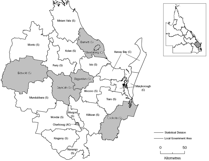 Map - Wide Bay-Burnett SD with alphabetical listing of LGAs of Biggenden to Gayndah highlighted